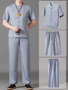 J&FO | Traditional Chinese Three-piece Set Embroidered Dragon Pattern Short Sleeve Shirt and Shorts