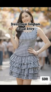 Elegant Red Gingham Midi Dress with Tiered Ruffle Hem and Sleeveless Design