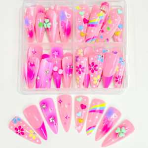 96Pcs Long Stiletto Fake Nails Pink Rainbow Heart Flower Clover Design Full Cover Press On Nails for Y2K Girls Holiday Nail Art
