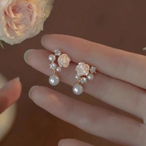 White Flower Drop Earrings Camellia Flower Earrings Women Imitation Pearl Earrings