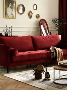French Vintage Velvet Fabric Sofa Middle Ancient Style Living Room Small Apartment Double Three People Homestay Hotel Burgundy