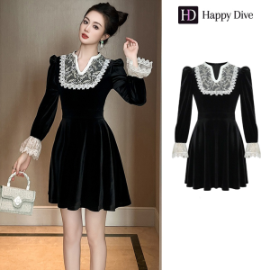 Happy Diva เดรสผู้หญิง เดรสคอวี เดรสทรงเอ เดรสกำมะหยี่ เดรสทำงาน เดรสไฮโซ เดรสวินเทจ เดรสออกงาน เดรสปาร์ตี้ ชุดราตรี 40681