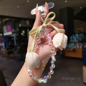 Womens Wristband Style Short Mobile Phone Chain Crystal Beads Pendant Outdoor Travel Shopping Anti-Loss Fashion Jewelry