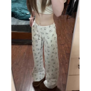 กางเกงขายาวทรงหลวมพิมพ์ลายแมวคิตตี้สำหรับผู้หญิง กางเกงขายาวทรงตรงลำลองฤดูหนาว ทรงหลวม ทรงตรง กางเกงขายาวทรงตรง