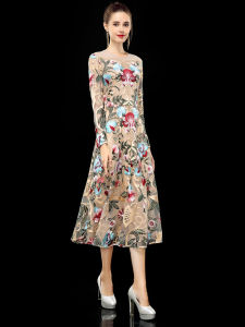 ชุดราตรีแขนยาวปักลายหรูหรา ชุดราตรีสุดหรูสำหรับผู้หญิง ชุดเดรสยาวเอวสูง ชุดราตรีสไตล์ย้อนยุค ชุดราตรีสุดหรู