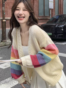 Sweet Preppy Style Rainbow Knitted Cardigan Womens Spring Autumn New Chic Sweater Small Size Button Placket Long Sleeve V Neck