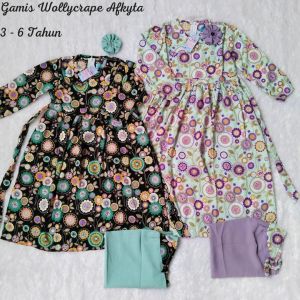 AFKYTA GAMIS SET JILBAB ANAK CEWEK BALITA 3-6 TAHUN BAJU MUSLIM LEBARAN / NGAJI WOLLYCREPE FREE BROS