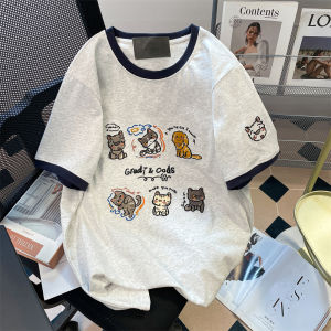 Cute Embroidered Korean Style Dog T-shirt for Women Summer Loose Fit Work Clothing Creative Cartoon Animation Pattern