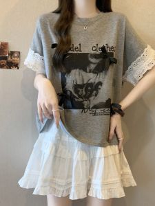 French Lace Grey Womens Short Sleeve T-shirt Plus Size Loose Fit Summer Style Casual Apparel for Ladies