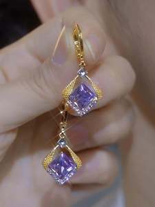 Elegant Purple Crystal Diamond Embedded Rhombus Shaped Womens Earrings Fashionable Versatile High-End Feeling New 2024 Model