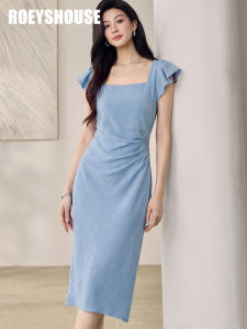 Roey s house | Elegant Blue Square Neck Wrinkle Decoration Summer Dress