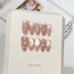 10pcs Hand Painted Pink Cat Eye False Nails Firework Heart Oval Shape Glitter Press On Nails Fashion Nail Art
