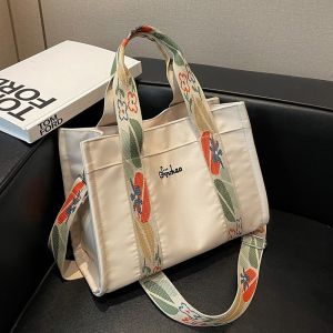 New 2025 Nylon Canvas Tote Bag Womens Casual Handbag Bento Bag Medium Shoulder Crossbody Bag Soft Korean Style Embroidery