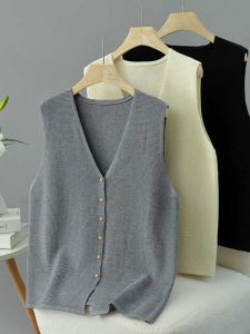 Loose Knitted Sweater Vest Large Size V-Neck Button Detail Polyester Fiber Commute Style Fashion Autumn New Arrival