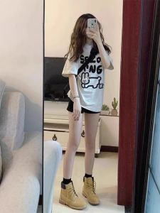 Pure Cotton American Retro Short Sleeve T-Shirt Womens Loose Large Size plus Students Top Comfortable Breathable Summer Wear