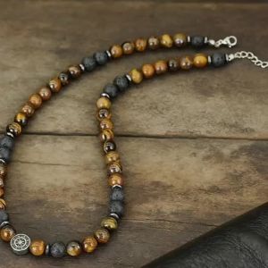 Dây Chuyền Nam Cổ Điển 8mm Đá Tự Nhiên Mắt Hổ Đá Howlite Đá Onyx Chuỗi Thép Không Gỉ Dài 20 Inch Kiểu Dáng Thời Trang