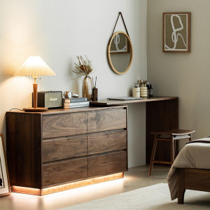 North America Black Walnut Chest of Six Drawers Dressing Table Integrated Locker of Bed End Bedroom Desk with Light Retractable Makeup Table