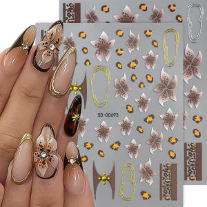 1Pcs 5D Gradient Brown Leopard Flower Nail Stickers Gold Silver Line Outline Nails Decal Leopard-Print Lily Self-Adhesive Slider