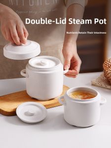 Ceramic Soup Pot for Home Use Small Steamed Egg Pudding Swallows Nest with Lid Water Separation Two People Soup Pot Steamed Egg Bowl Jar