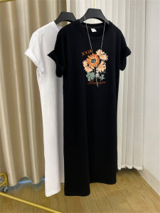Summer Beautiful Knee-Length Midi T-Shirt Dress Womens Loose plus Size Floral Print round Neck Short Sleeve Korean Style