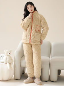 Cat Person Three-Layer Cotton Sleepwear Womens Autumn Winter Thickened Fleece Coral Velvet Home Clothes Set Can Be Worn outside New 2025