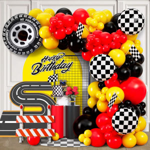 98-Piece Yellow and Black All-In-One Car-Themed Balloon Garland Kit Featuring Black and White Checkered Tire Foil Balloons for Racing Birthday Party Supplies Mens Car-Themed Bachelor Party Outdoor Carnival Decorations