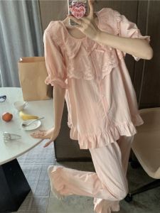 Sweet Princess Style Cotton Linen Blend Summer Pajamas for Women Short Sleeve Solid Color Lace Home Clothing Set