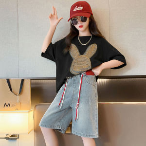 Girls Summer Casual Denim Shorts Set Two Pieces Outfit Big Kids T-Shirt Top And Shorts Ensemble for Children Ages 6-13