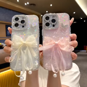 3D Paste Lace Ribbon Bow Gradient Heart-Shaped Hard Case for iPhone 11 12 13 14 15 16 17 Pro Max Casing Water Drill Enclosure Border Protection Cover for iPhone 17 Case