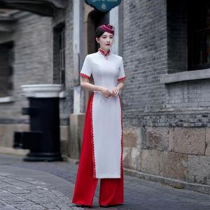 Revised Ao Dai Cheongsam 2025 New Vintage Stage Show Performance High Waist Wide Leg Pants Two Piece Set Womens Traditional Costume