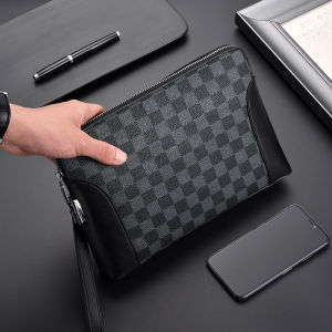 Mens Casual Large Capacity Fashion Wallet Handheld Bag Business Password Lock Check Pattern Waterproof Polyester Lining