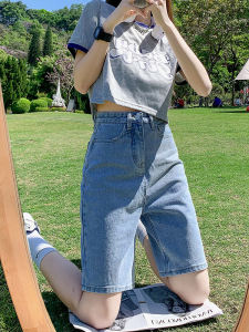 Quần Short Denim Ống Đứng Cạp Cao Mùa Hè Mỏng Màu Nhẹ Cho Nữ Quần Ống Rộng Dáng Chữ a Rộng Rãi Quần Dài Đến Giữa Bắp Chân