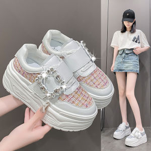 Hong Kong Leather Small Sneakers White Shoes 2024 Spring and Summer New Arrival Thick Sole Sports Rhinestone Heightened Easy Wear Shoes Women