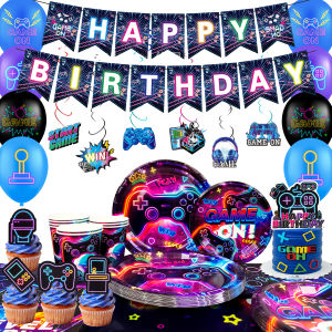 Potdemiel | 159 Pcs Video Game Birthday Decorations & Glowing Video Game Party Tableware - Balloons Cups Plates Etc Video Gaming Party Suppl