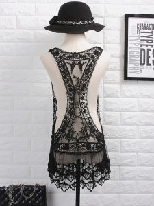 2024 Holiday Bikini Cover up Beach Sun Protection Womens Swimsuit Mid-Length Outerwear Hollow out Black Jacket