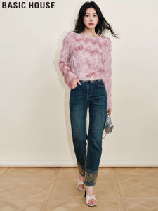 Basic House Vintage Lace Embroidery Slim Fit High Waist Straight Leg Denim Jeans Womens Autumn Winter Fashion Ladies Pants