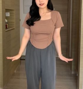 Slimming Short Sleeve T-Shirt Womens plus Size Big MM Micro Fat Matching Square Collar Top Shoulder Width Summer Casual Wear