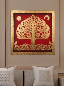 ภาพวาดใบโพธิ์ติดผนัง ติดหลังพระ รูปภาพเสริมมงคลบีบสีนูน ภาพแต่งบ้านโรงแรม ตกแต่งห้องพระ กรอบรูปติดผนัง กรอบไม้ กรอบลอยมงคล