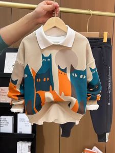 IQANGEL เสื้อกีฬาแขนยาวคอปกสำหรับเด็กผู้ชายเสื้อผ้าปลายเสื้อแบบลำลองการ์ตูนแขนยาวเหมาะสำหรับอายุ 1-16 ปี