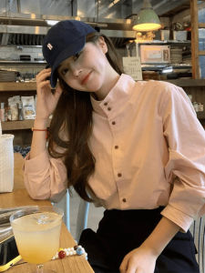 เสื้อเชิ้ตคอตั้งสีชมพูหลวมๆ แขนยาวสำหรับผู้หญิง ฤดูใบไม้ผลิและฤดูใบไม้ร่วง สไตล์วิทยาลัย แฟชั่นทำงาน เสื้อเชิ้ตทรงหลวมๆ ที่สวมใส่ได้หลากหลาย