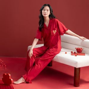 Plandoo Womens Cotton Pajamas Short Sleeve Long Pants Home Clothes Red Summer Thin Cotton Sleepwear