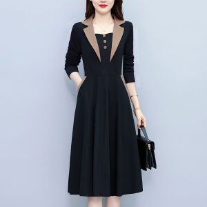 Plus Size Fleece-Lined Thickened Dress | Pocket Detail Color-Block Layered Look Gown