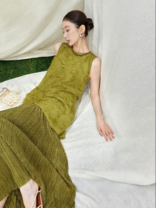 SUSHE | New Chinese Style 3D Floral Print Faux Two-Piece Elegant Green Dress