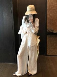 White Linen Shirt Women Summer Loose Lazy Loose Feel Open Cardigan Long Sleeve Sun Protection Cotton Linen Top Thin Polo Collar
