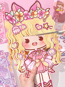 Aki-San Quiet Book Girls New Hairstyling Magician Scissors Paper Doll Princess Haircut Stylist Handmade DIY Cut Hair Childrens House Play Toy 3D Costume Sticker Makeup Bag
