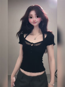 Korean Style Pure Desire Lace Splice Short Sleeve T-Shirt Womens Slimming Black Neck Hanging Top Summer Fashionable