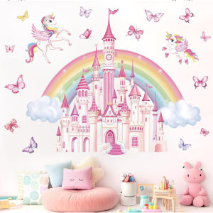 Princess Castle & Unicorn Wall Decal - Rainbow Butterfly Wall Sticker Whimsical Pink Wall Art Decor for Girls Bedroom Playroom