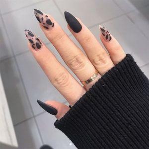 Matte Black Press On Nails Almond Coffin Stiletto Shape Leopard Print False Nails Glue on Full Cover Artificial Nails for Women