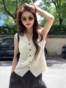 CHOEFULYN | White Ice Silk Sleeveless Blouse with Turn-down Collar