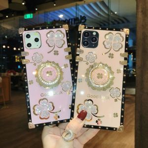เคสสำหรับ Samsung Galaxy S24 S24 + S23 Plus Ultra FE S23FE 5G S 24 23 2024 2023เคสโทรศัพท์ผู้หญิงที่มีห่วงจับเคสกันกระแทกมือถือกรอบ TPU แบบนุ่มแวววาวโคลเวอร์ดอกไม้ด้านหลัง
